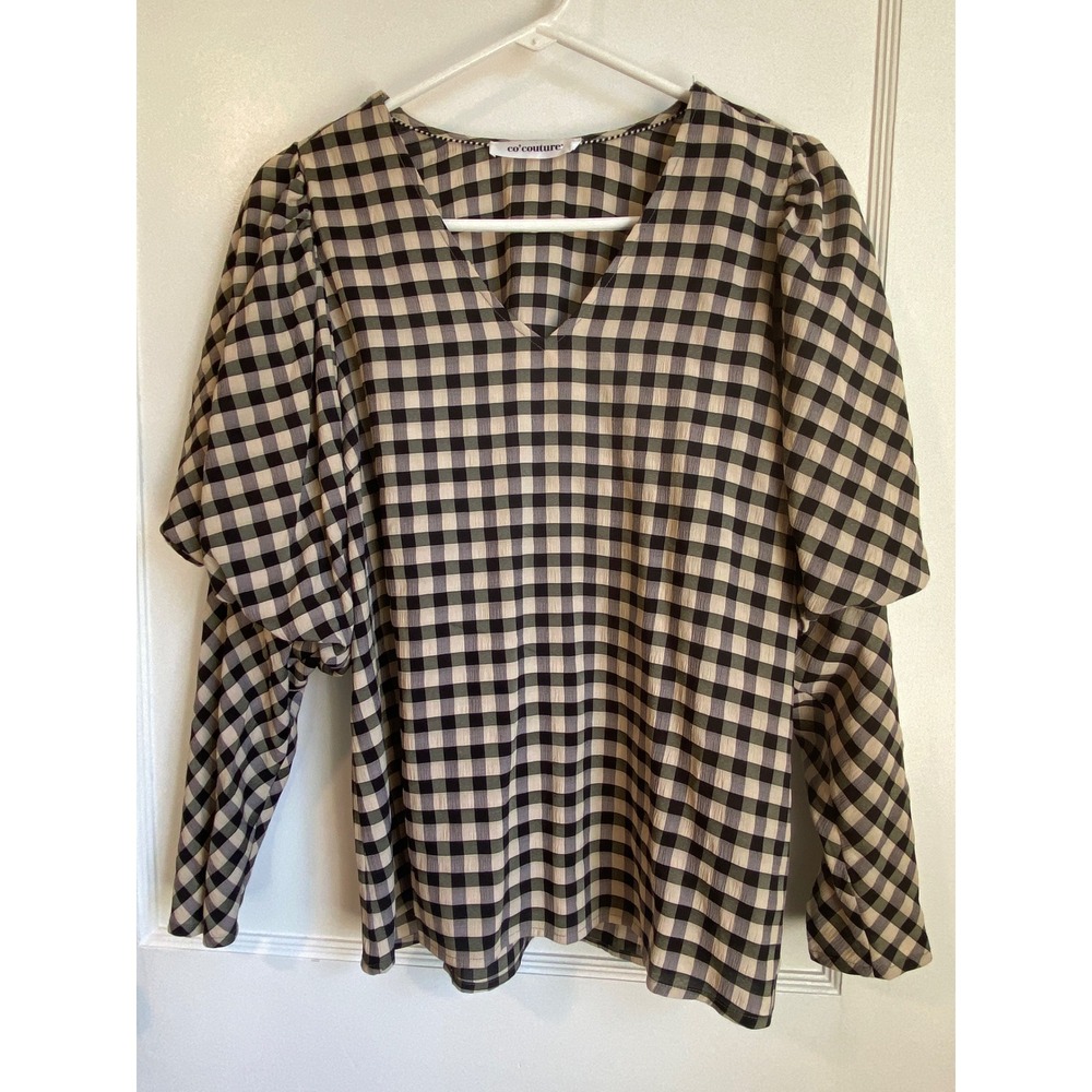 Co'couture Gingham Check Puff Sleeve V-Neck Blouse Black Green Cream Small